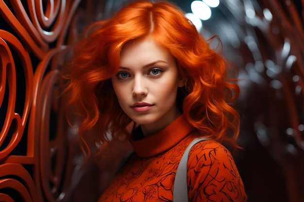 Una donna con i capelli rossi e il vestito rosso sta posando per la foto AI generativa