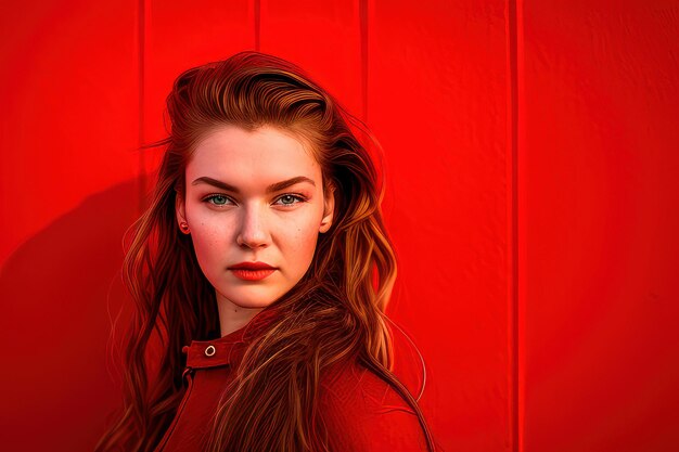 Una donna con i capelli rossi è in piedi davanti a un muro rosso.