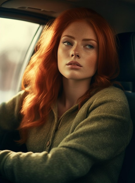 una donna con i capelli rossi è seduta in macchina.