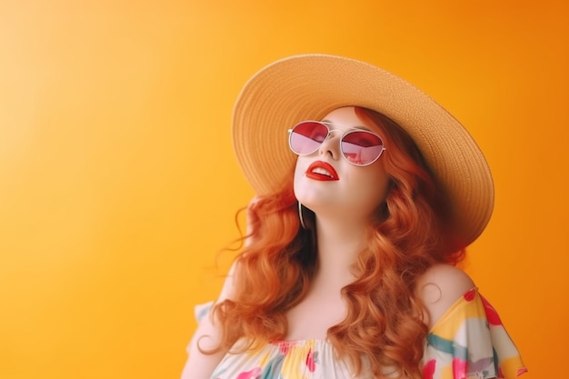 Una donna con i capelli rossi e un cappello su uno sfondo giallo