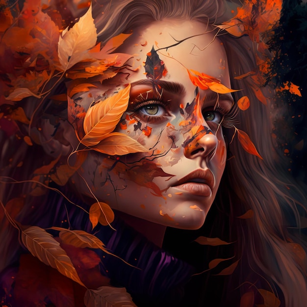 Una donna con i capelli rossi e un dolcevita viola con foglie sul viso.