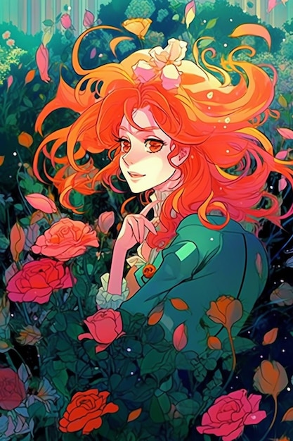 Una donna con i capelli rossi e un fiore tra i capelli.