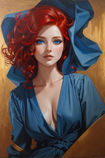 Una donna con i capelli rossi e un mantello blu.
