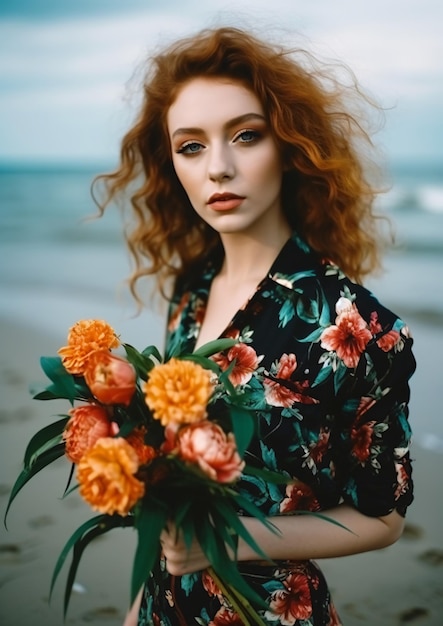 Una donna con i capelli rossi e un mazzo di fiori sulla spiaggia