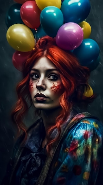 Una donna con i capelli rossi e un mazzo di palloncini in testa