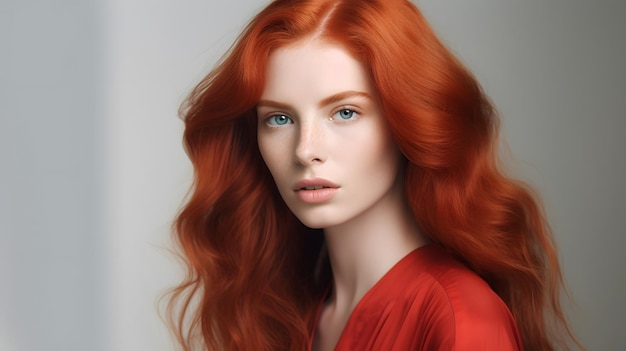 Una donna con i capelli rossi e un vestito rosso