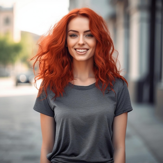 una donna con i capelli rossi e una camicia grigia è in piedi su un marciapiede.