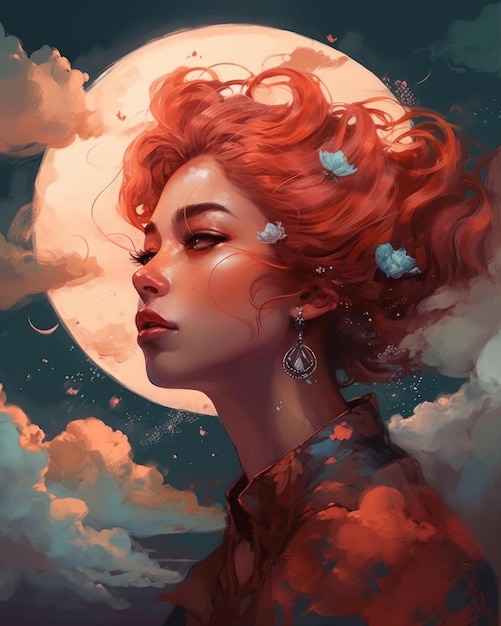 Una donna con i capelli rossi e una luna sullo sfondo