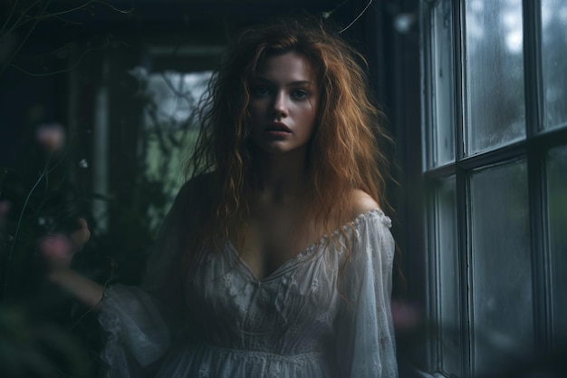 una donna con i capelli rossi in piedi davanti a una finestra