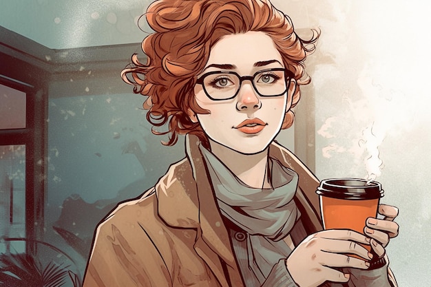Una donna con i capelli rossi ricci e gli occhiali con in mano una tazza di caffè.