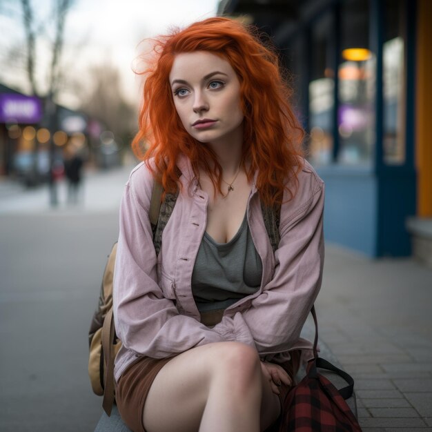 una donna con i capelli rossi seduta su una panchina