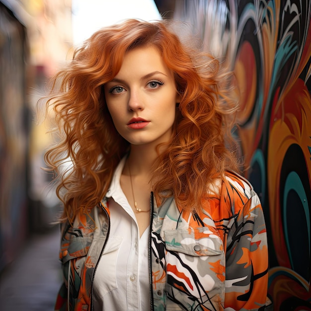 una donna con i capelli rossi si trova di fronte a un muro di graffiti.