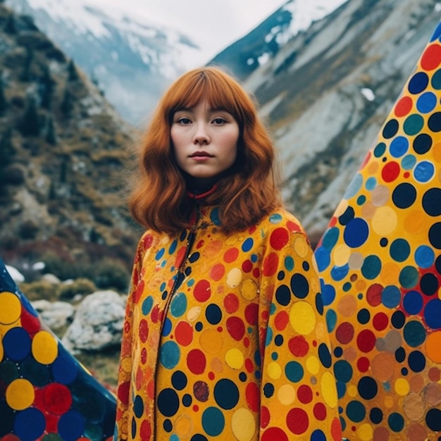 Una donna con i capelli rossi si trova di fronte a una montagna.