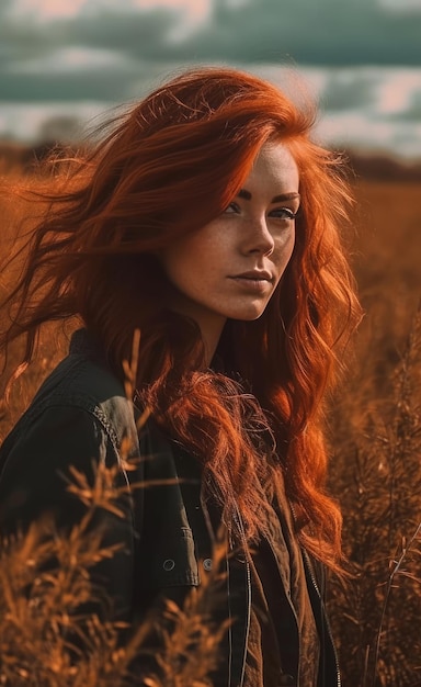 Una donna con i capelli rossi siede in un campo