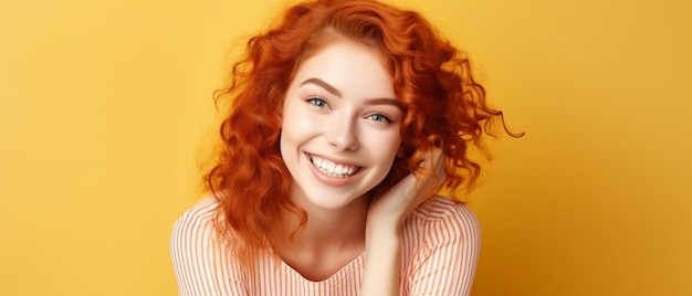 una donna con i capelli rossi sorride contro uno sfondo giallo