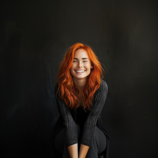 una donna con i capelli rossi sorride contro uno sfondo nero