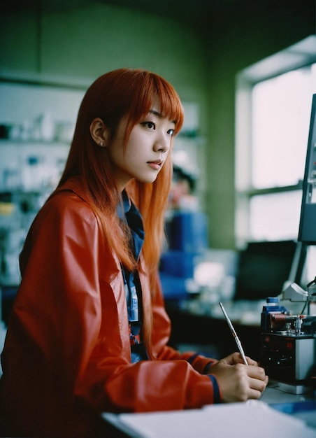 una donna con i capelli rossi sta guardando uno schermo del computer