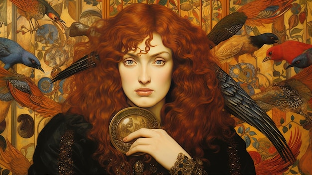 una donna con i capelli rossi tiene una moneta in mano