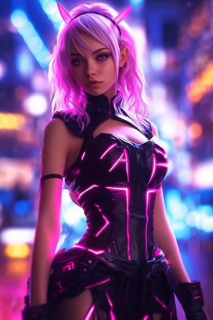 Una donna con i capelli viola e le luci al neon rosa si trova di fronte a una città al neon.