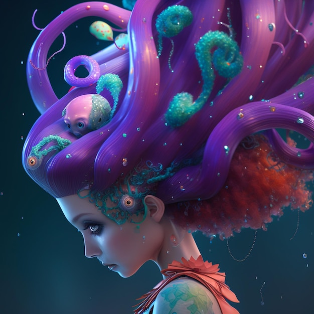 Una donna con i capelli viola e tentacoli di polpo sulla testa