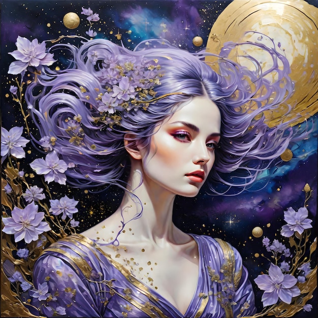 una donna con i capelli viola e una stella d'oro sulla testa è mostrata