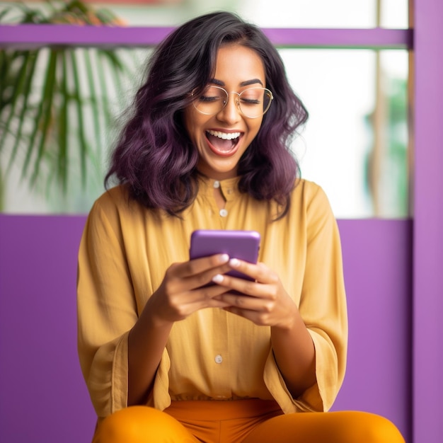 una donna con i capelli viola sta scrivendo messaggi sul suo telefono