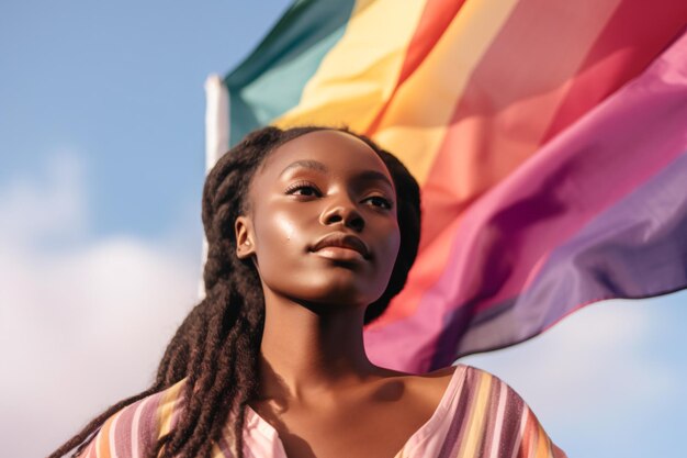 Una donna con i dreadlocks si trova davanti a una bandiera arcobaleno.