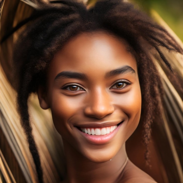 Una donna con i dreadlocks sorride e guarda la telecamera.