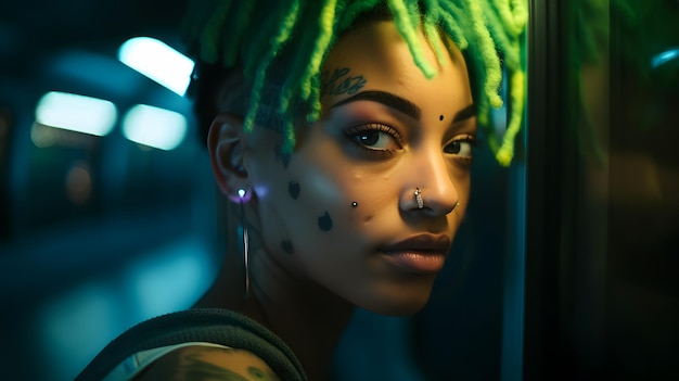 Una donna con i dreadlocks verdi e un tatuaggio sul viso
