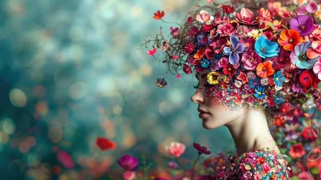 Una donna con i fiori nei capelli e una corona di fiori ai