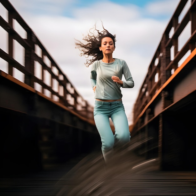 Una donna con i pantaloni blu chiaro e un top grigio a maniche lunghe che corre su un ponte di legno