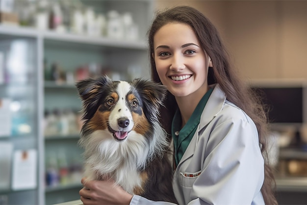 Una donna con il camice da veterinario tiene in braccio un cane.