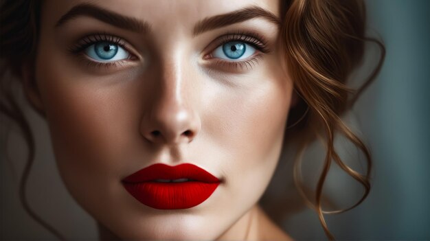 Una donna con il rossetto rosso e gli occhi blu