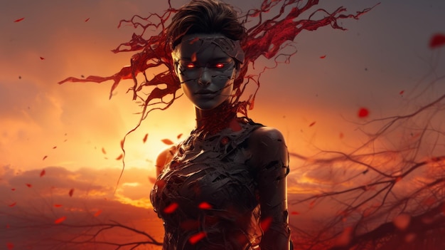 una donna con il sangue sul viso in piedi davanti a un ritratto al tramonto di una regina cyborg con gli occhi rossi ardenti