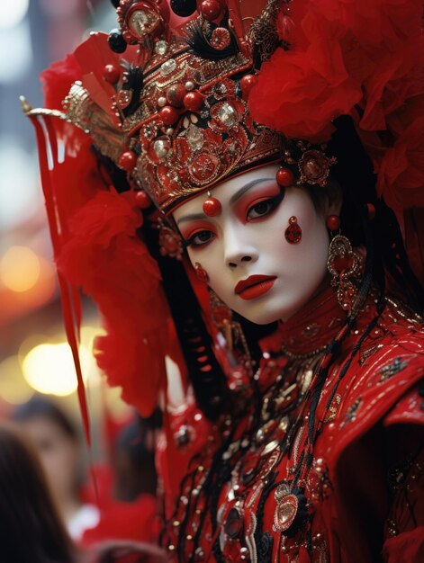 Una donna con il trucco di scena bianco che indossa un costume orientale asiatico rosso e nero ai