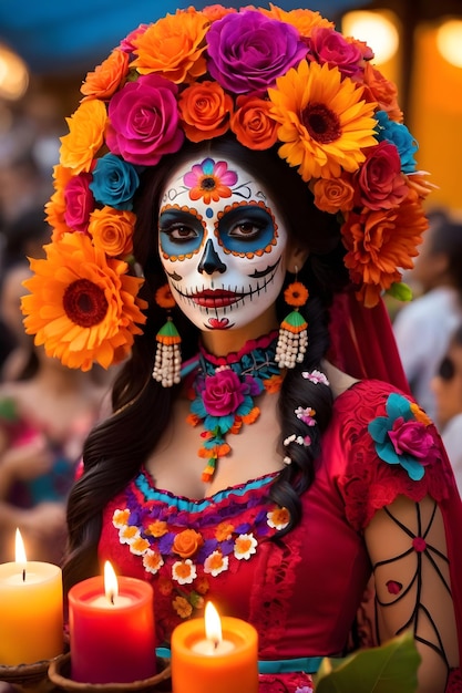 Una donna con il trucco di teschio di zucchero alla parata del Dia de los Muertos