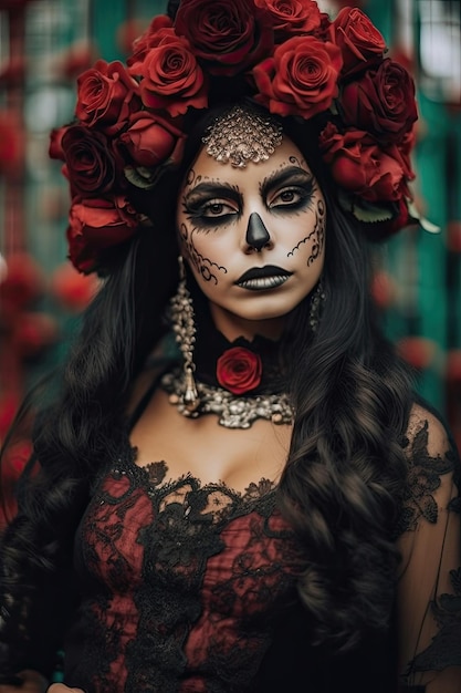 una donna con il viso dipinto di nero e rose rosse tra i capelli