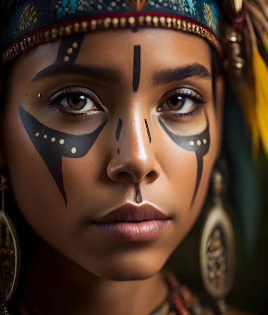 Una donna con il viso dipinto e piume con scritto "nativo americano" sul davanti.