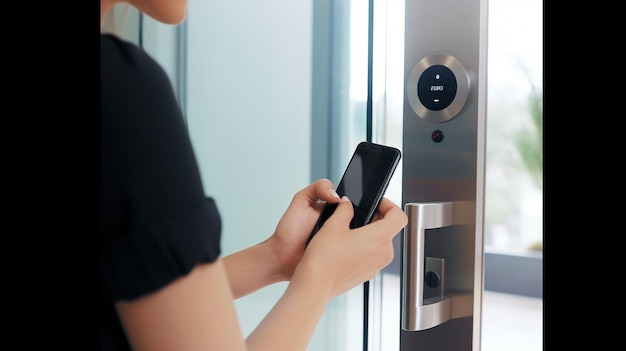 Una donna con intelligenza artificiale generativa chiude una smartlock sulla porta d'ingresso con il suo telefono