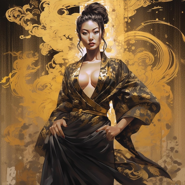 Una donna con kimono oro e nero