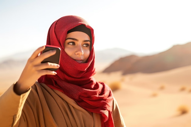 Una donna con l'hijab rosso si fa un autoritratto nel deserto.