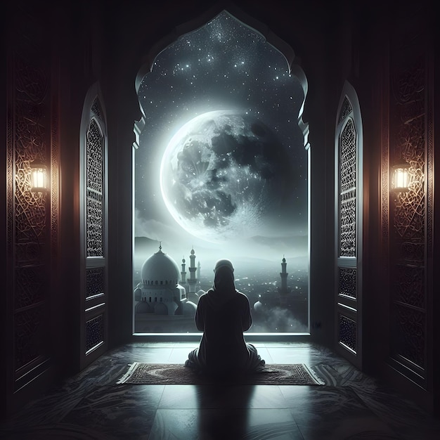 una donna con l'hijab seduta di fronte a una finestra con una luna sullo sfondo