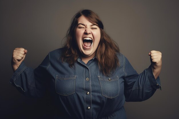 Una donna con la bocca aperta e un grande sorriso sul viso