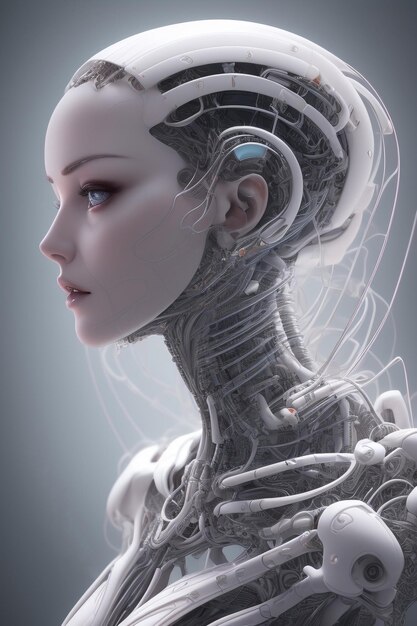 Una donna con la faccia bianca da robot e i capelli d'argento