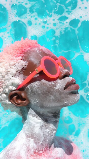 Una donna con la faccia bianca e gli occhiali da sole rossi sta galleggiando in una piscina d'acqua