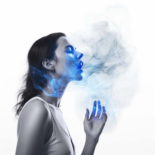una donna con la faccia blu e un fumo sullo sfondo