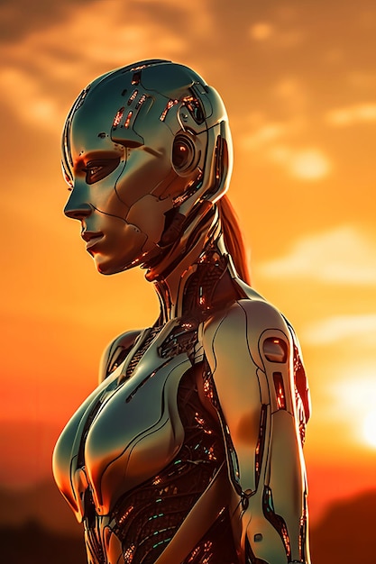 Una donna con la faccia da robot si trova davanti a un tramonto.