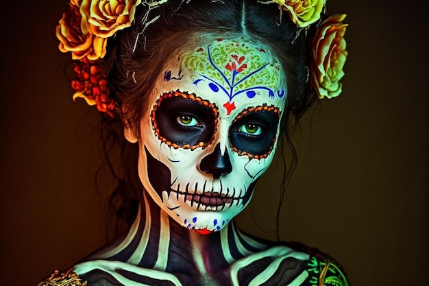 Una donna con la faccia dipinta e fiori dipinti sul viso.