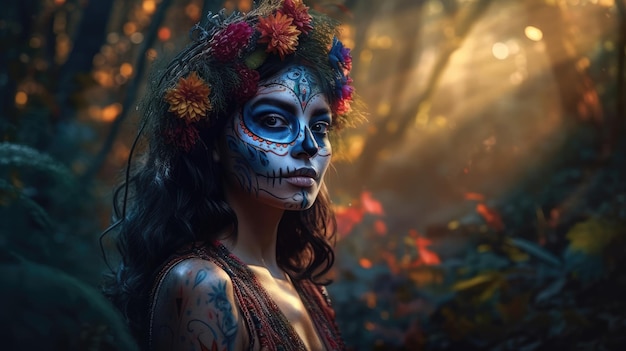 Una donna con la faccia dipinta e fiori sul viso
