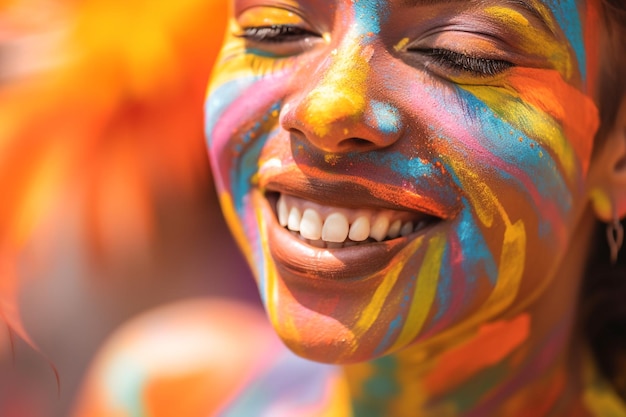 Una donna con la faccia dipinta sorride al festival di holi